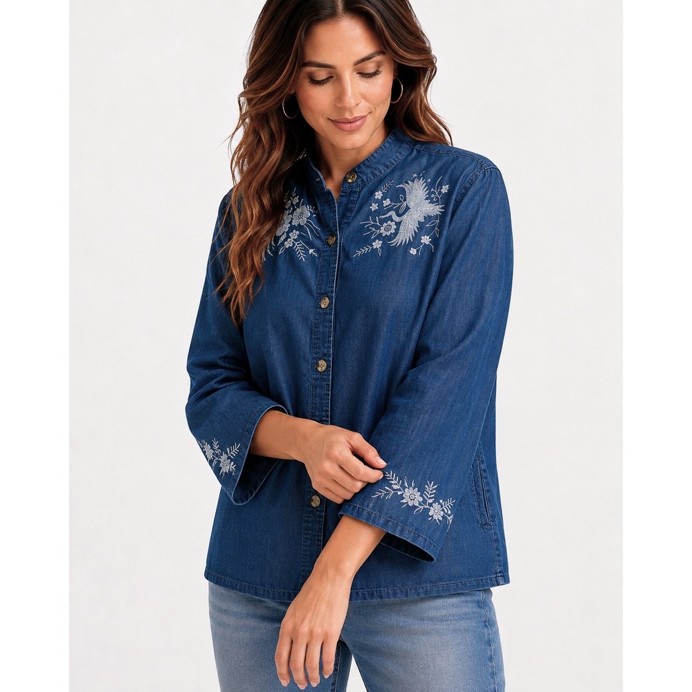 VTG Collections Etc Embroidered Button Up Shirt Women M Blue Cottagecore Coastal